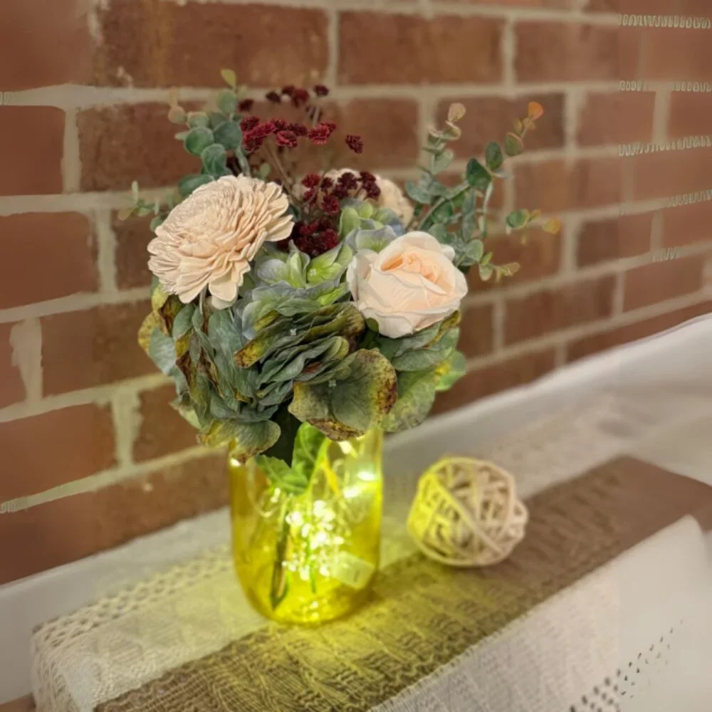 Farmhouse Wood Floral Arrangement in Mason Jar w/ LED Lights – Home Décor